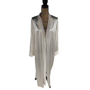 Linea Donatella Long White Satin Embellished Robe W/ Floral Lace Appliques